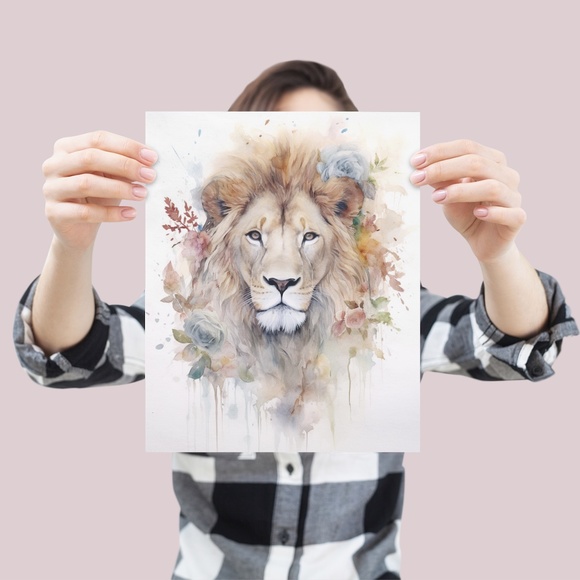 Watercolor Lion With Flowers Portrait Wall Art Illustration Print Unframed - Picture 4 of 6
